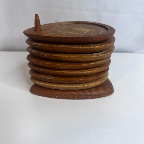 VTG Sere Wooden Cork Coaster Set of 7 w/ Holder MCM Stacked Teardrop Barware - Picture 16 of 16